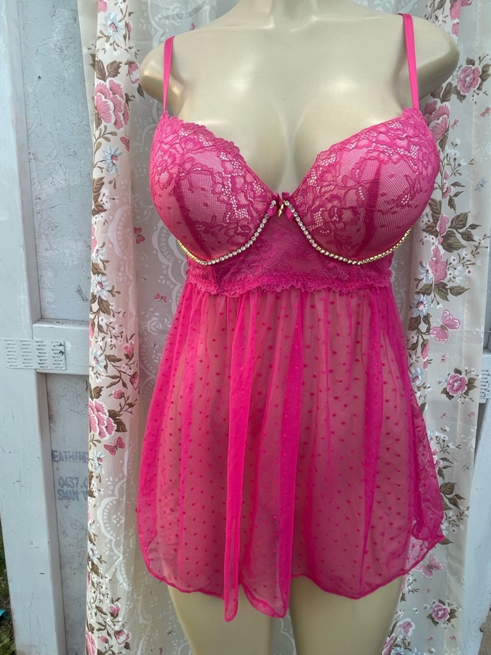 Frederick's of Hollywood Fuchsia Lace & Sheer Mesh Chemise